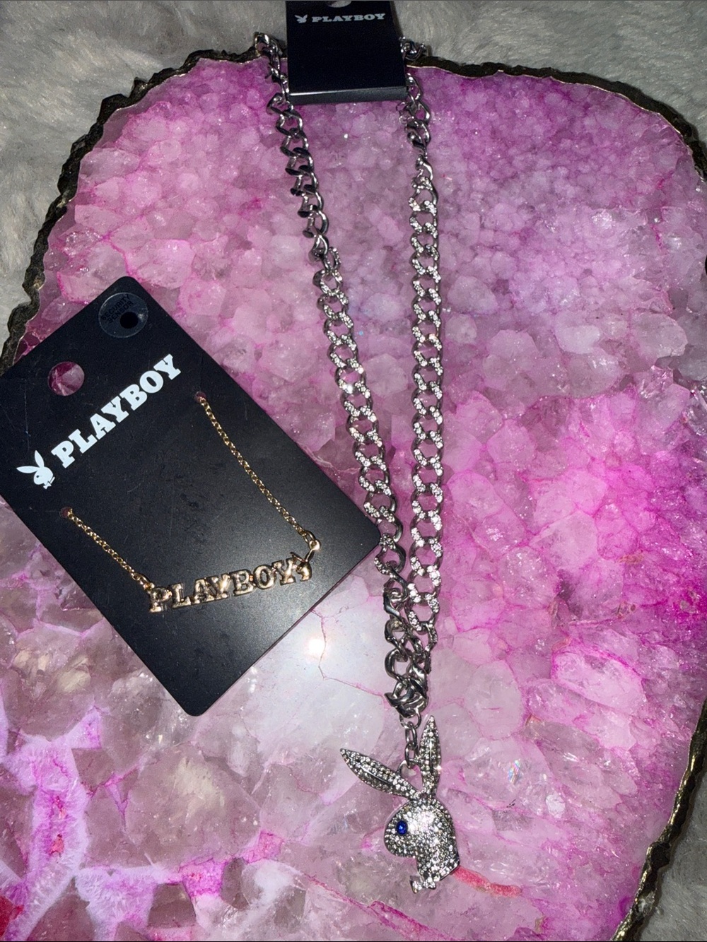 New PLAYBOY Silver-Tone Crystal Bunny Pendant & Gold-Tone Nameplate Necklace